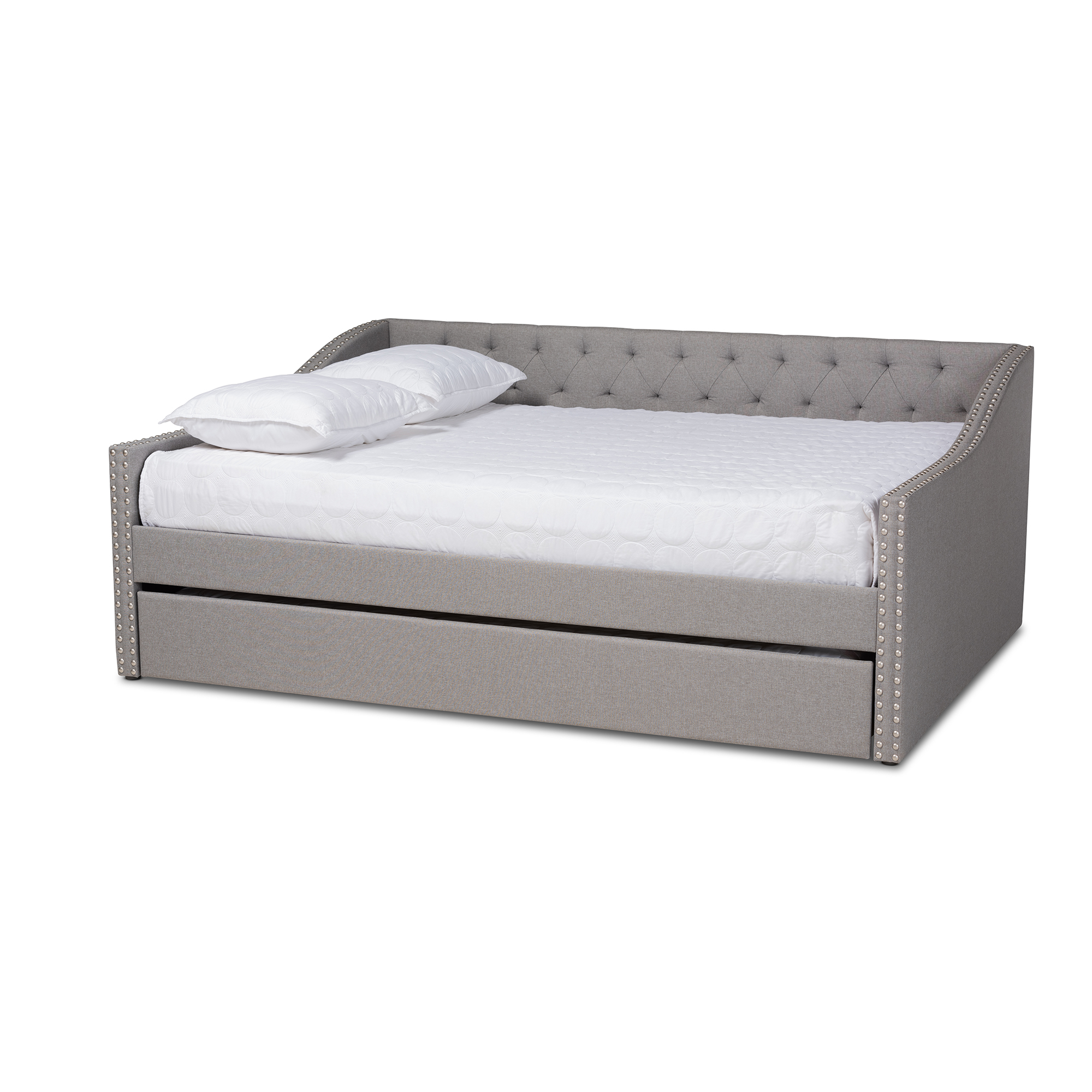 Baxton Studio Haylie Modern and Contemporary Light Grey Fabric Upholstered Queen Size Daybed with Roll-Out Trundle Bed